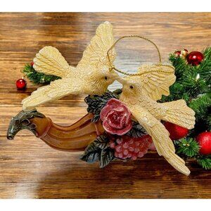Vintage Kissing Birds Christmas Tree Ornament With Rose Cornucopia Glitter